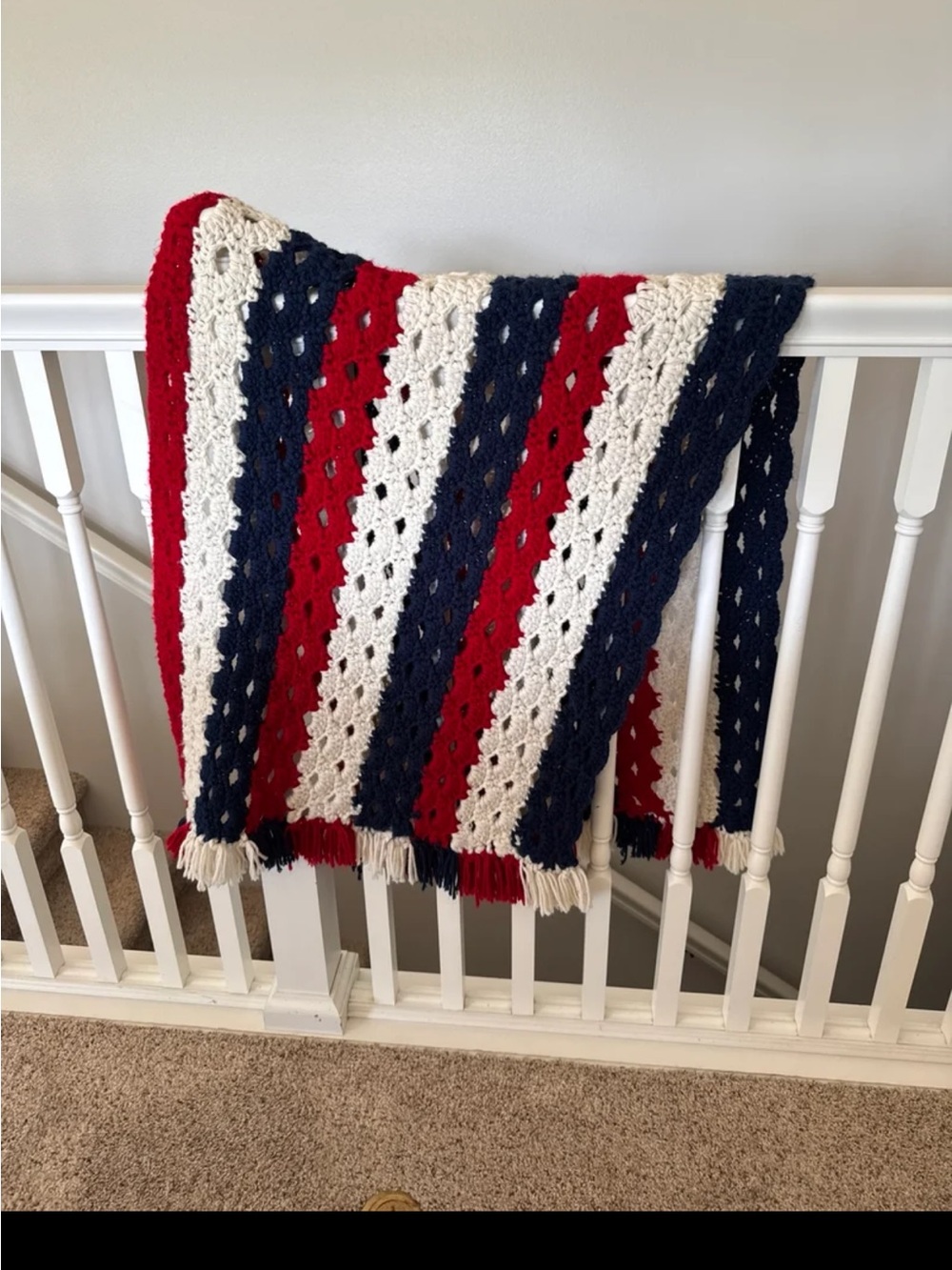 Hand Knit Crochet Red/White/Blue Blanket with tassels - Picture 3 of 12